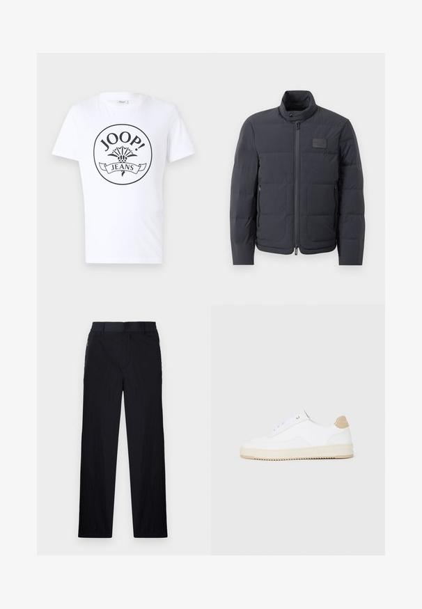 Must musternakk, millel on kõrge kaelus, tikkimise tekstuur ja esi tõmblukk. Iseloomustab väike logopatch vasakul rinnal ja küljetaskud.; Valge puuvillane T-särk, millel on ümmargune must logo, millel on "JOOP!" ja "JEANS" tekst, keskendatud rinnale koos lillemotiiviga.; Mustad püksid, millel on kerge, tekstuuriga kangas, sirge jala disain, elastne vöökoht ja küljetaskud sipsiga.; Valged madala varsaga tennisetooted, mille pealmine on tekstuuriga nahast, kreemja soonikuga tald ja pruuni tooni kand. Omab valgeid paelu ja logodetaile kanna peal.