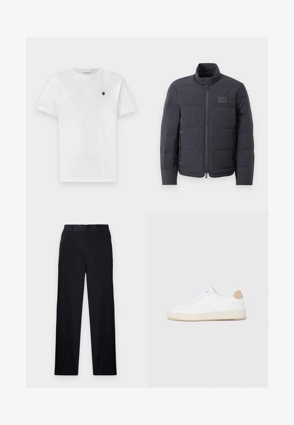 Juodas pūkuotas džemperis su aukštu kaklu, siuvinėta tekstūra ir priekiniais užtrauktukais. Yra mažas logotipo pleistras kairėje krūtinės pusėje ir šoniniai kišeniai.; Balta medvilnės marškinėliai trumpomis rankovėmis, apvali iškirptė ir mažas juodas logotipas kairėje krūtinės pusėje. Lygus audinys, klasikinis kirpimas.; Juodos kelnės, pagamintos iš lengvos tekstūruotos medžiagos, tiesaus silueto, su elastingu juosmeniu ir šoniniais užtrauktukų kišenėmis.; Baltos žemos sportbačiai su tekstūruota odine viršutinė dalimi, kreminė banguota priekiu ir ruda kulno akcentu. Yra baltos raištelės ir logotipas ant kulno.