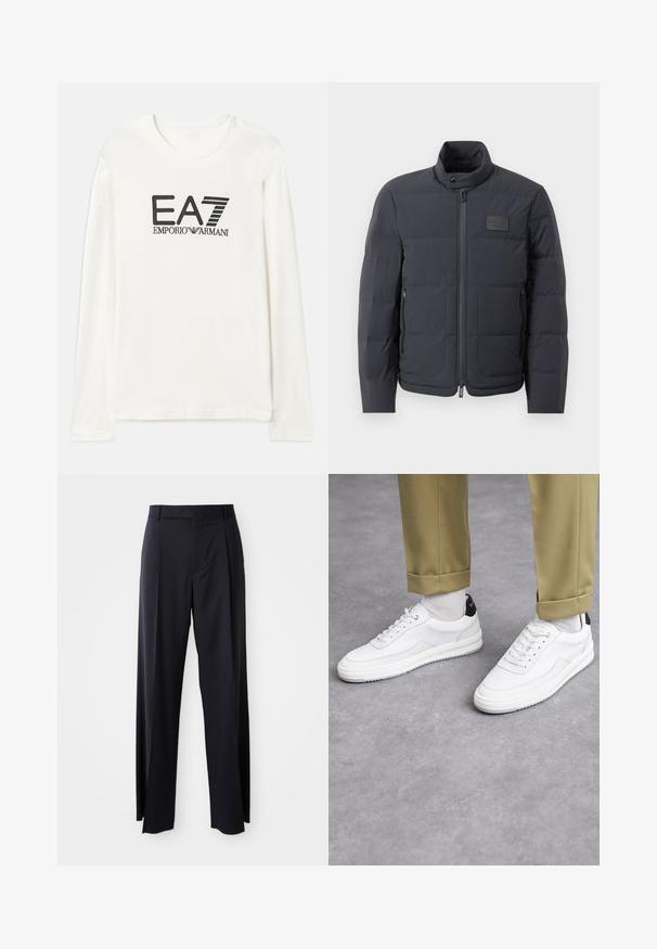 Black puffer jacket with a high collar, quilted texture, and a front zipper. Features a small logo patch on the left chest and side pockets.; Long-sleeve cotton T-shirt in cream with black EA7 Emporio Armani logo text. Round neckline and standard fit with straight hem. Soft texture.; Black, high-waisted trousers with a wide-leg cut, made of smooth fabric. Features front pleats and belt loops. Minimalistic design, no visible hardware.; White sneakers with a textured leather finish, rounded toe, and black heel accent. Rubber sole with small tread pattern and stitched detail.