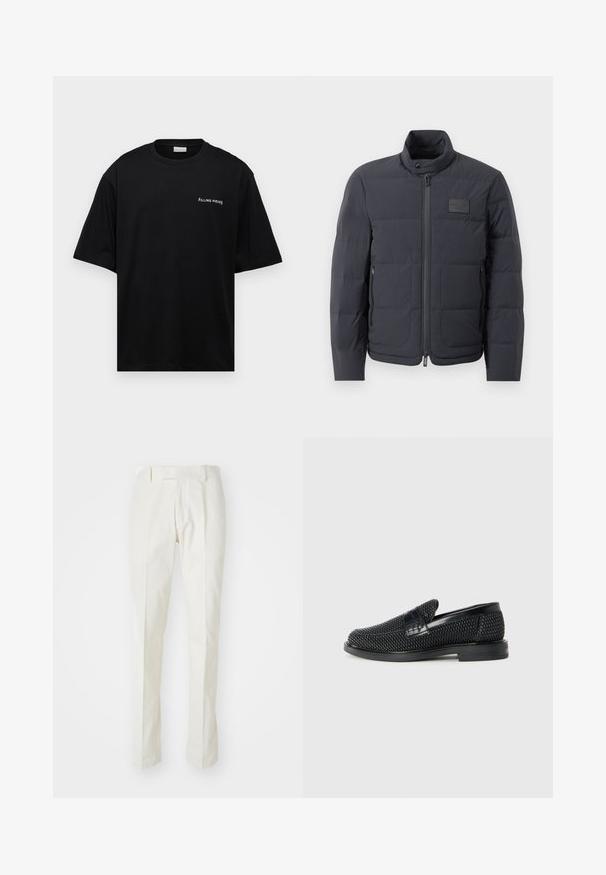 Čierna puffová bunda s vysokým golierom, prešívanou textúrou a predným zipsom. Obsahuje malú nášivku loga na ľavej hrudi a bočné vrecká.; Čierne bavlnené tričko s voľným strihom, krátkymi rukávmi a bielym logom "FILLING PIECES" na ľavej hrudi. Hladká textúra.; Biele nohavice vyrobené z bavlny, s rovnými nohavicami, plochým predným dielom a bez viditeľných vzorov alebo kovania. Hladká textúra.; Čierne tkané slip-on topánky s hladkým koženým akcentom na vrchnej časti, s okrúlym dizajnom špičky a nízkoprofilovou gumovou podrážkou.