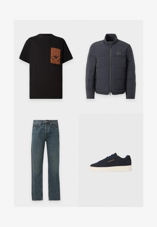 Chaqueta acolchada negra con cuello alto, textura acolchada y cierre frontal. Presenta un pequeño parche con logo en el pecho izquierdo y bolsillos laterales.; Camiseta negra con un bolsillo marrón que presenta un patrón en relieve y un logo. Manga corta y escote redondo. Tejido de algodón, corte casual.; Jeans de mezclilla azul oscuro con un diseño de pierna recta, que cuentan con cinco bolsillos, un cierre de botón y detalles de costura en contraste.; Zapatilla baja de ante azul marino con suela blanca, cordones azul marino y logo de "Filling Pieces" en dorado en el lateral.