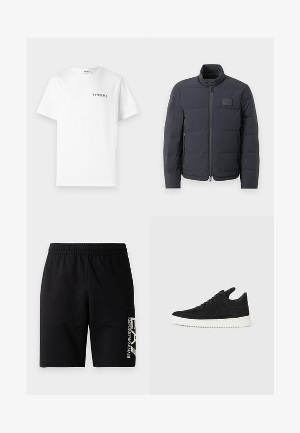 Doudoune noire avec un col montant, texture matelassée et fermeture éclair à l'avant. Elle possède une petite étiquette avec logo sur la poitrine gauche et des poches latérales.; T-shirt en coton blanc avec un col rond, présentant un petit texte graphique noir "LA VEDDITA" sur la partie gauche de la poitrine.; EA7 Emporio Armani TRAIN VISIBILITY  - Short - black/cream; Baskets en daim noir avec une semelle en caoutchouc blanc, présentant des coutures tonales et un design lacé. Texture lisse avec une forme moderne et épurée.