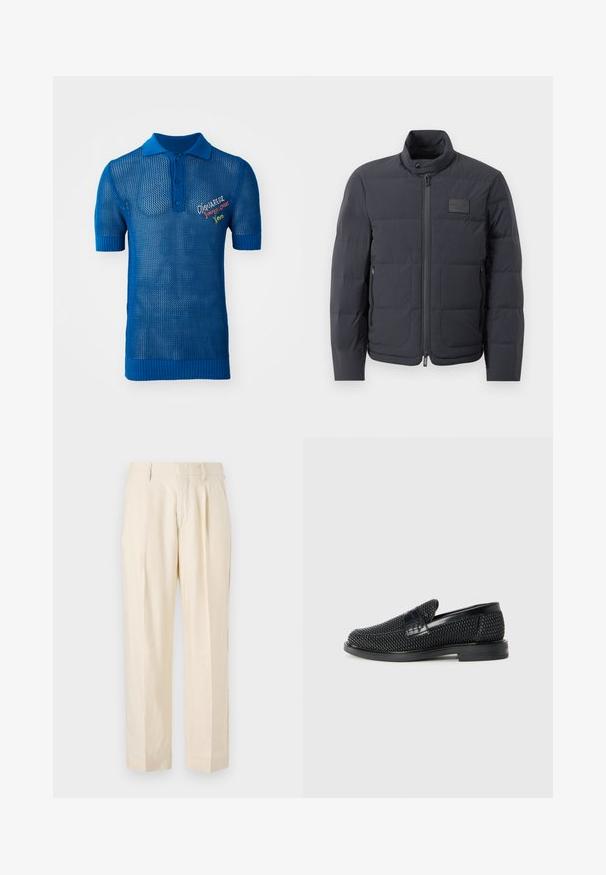 Zwarte pufferjack met een hoge kraag, gewatteerde textuur en een rits aan de voorkant. Beschikt over een klein logo-opdruk op de linkerborst en zijzakken.; Blauwe gebreide polo met een meshontwerp, uitgerust met korte mouwen, een gestructureerde kraag en een kleurrijk geborduurd logo op de voorkant.; NN.07 KAY - Broek - off white; Zwartegeweven instap schoenen met een glad leren accent aan de bovenkant, een ronde neusontwerp en een laag profiel rubberen zool.