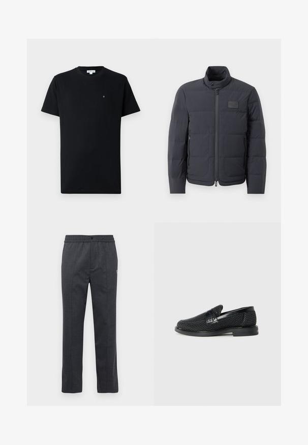 Fekete steppelt dzseki magas gallérral, steppelt textúrával és elülső cipzárral. Bal mellkason egy kis logófolt található, valamint oldalsó zsebek.; Fekete, rövid ujjú pamut póló, kerek nyakkivágással és egy kis kör alakú logóval a mellkasán. Sima textúra.; Sötétszürke egyenes lábú nadrág, rugalmas derékkal, elöl gombos záródással és diszkrét hímzett részlettel a jobb oldalon.; Fekete szőtt slip-on cipő sima bőr díszítéssel a felsőrészen, kerek orral és alacsony profilos gumitalppal.