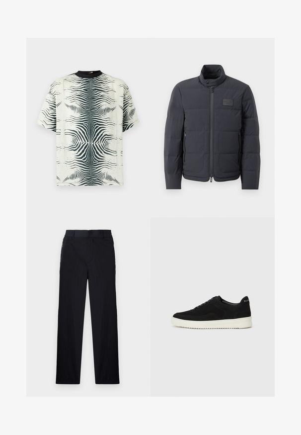 Juodas pūkuotas džemperis su aukštu kaklu, siuvinėta tekstūra ir priekiniais užtrauktukais. Yra mažas logotipo pleistras kairėje krūtinės pusėje ir šoniniai kišeniai.; Trumpo rankovėmis marškinėliai iš kreminės medžiagos su juodu zebro dryžių raštu, su apvaliu kaklu ir laisvu siluetu.; Juodos kelnės, pagamintos iš lengvos tekstūruotos medžiagos, tiesaus silueto, su elastingu juosmeniu ir šoniniais užtrauktukų kišenėmis.; Juodos veliūrinės sportinės bateliai su raištelių dizainu ir kontrastinga balta gumine padais. Yra tekstūruoti šoniniai skydeliai ir subtilus logotipas ant kulno.