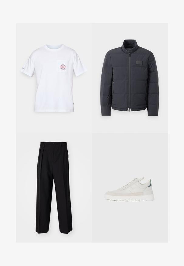 Melna pūkaina jaka ar augstu apkakli, quiltota tekstūra un priekšējo rāvējslēdzēju. Iekļauj mazu logotipa plāksteri kreisajā krūtī un sānu kabatas.; Balta kokvilnas T-krekls ar apaļu kakla izgriezumu, īsām piedurknēm un priekšējo kabatu, kurai ir sarkans un zils logo dizains. Standarta pielāgojums.; Melnas plisētās bikses ar taisnu, plata kāja dizainu. Izgatavotas no gludas auduma, ar pogu aizdari un jostas cilpiņām.; Baltas ādas sporta apavi ar pelēka zamšādas akcentiem, saistoša dizaina, ar vilkšanas cilpu un teksturētu gumijas zoli, kas raksturojas ar zigzag rakstu.