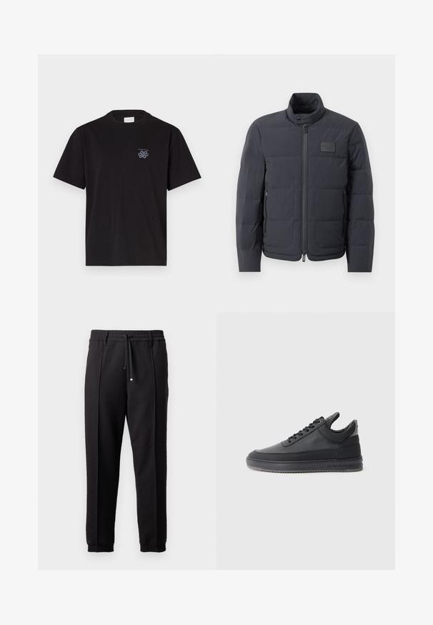 Doudoune noire avec un col montant, texture matelassée et fermeture éclair à l'avant. Elle possède une petite étiquette avec logo sur la poitrine gauche et des poches latérales.; T-shirt en coton noir avec un col rond et des manches courtes. Présente un petit logo bleu sur la poitrine gauche. Design simple et droit.; Pantalons noirs avec une taille élastique, cordon de serrage et poignets élastiques. Présente des plis et un tissu lisse et texturé.; Baskets en cuir noir avec une surface texturée, design à lacets, tige basse, et une semelle en caoutchouc grise avec un bord strié.