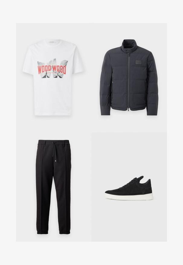 Melna pūkaina jaka ar augstu apkakli, quiltota tekstūra un priekšējo rāvējslēdzēju. Iekļauj mazu logotipa plāksteri kreisajā krūtī un sānu kabatas.; Balta kokvilnas T-krekls ar drosmīgu melnu un sarkanu grafiku, uz kuras ir teksts "WOOD WOOD," uz tīra fona.; Melni bikses ar jostu, staipāmu un elastīgām aprocēm. Ar krokām un gludu, teksturētu audumu.; Melna zamša apavi ar baltu gumijas zoli, ar tonālu izšuvumu un auklu dizainu. Gluda tekstūra ar mūsdienīgu, plūstošu formu.