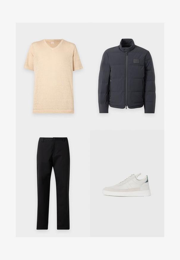 Czarna kurtka puchowa z wysokim kołnierzem, pikowanym wzorem i zamkiem z przodu. Posiada małą naszywkę z logo na lewej piersi oraz kieszenie boczne.; Beżowa koszulka z krótkim rękawem w serek, wykonana z lekkiego, teksturowanego materiału; charakteryzuje się luźnym krojem i minimalnymi detalami szwów.; Czarne spodnie proste z zapięciem na guzik i zamek, z paskiem na pasek i kieszeniami z przodu, eksponowane na białym tle.; Białe skórzane trampki z szarymi zamszowymi akcentami, sznurowany design, uchwyt oraz teksturowana gumowa podeszwa z wzorem w zygzak.