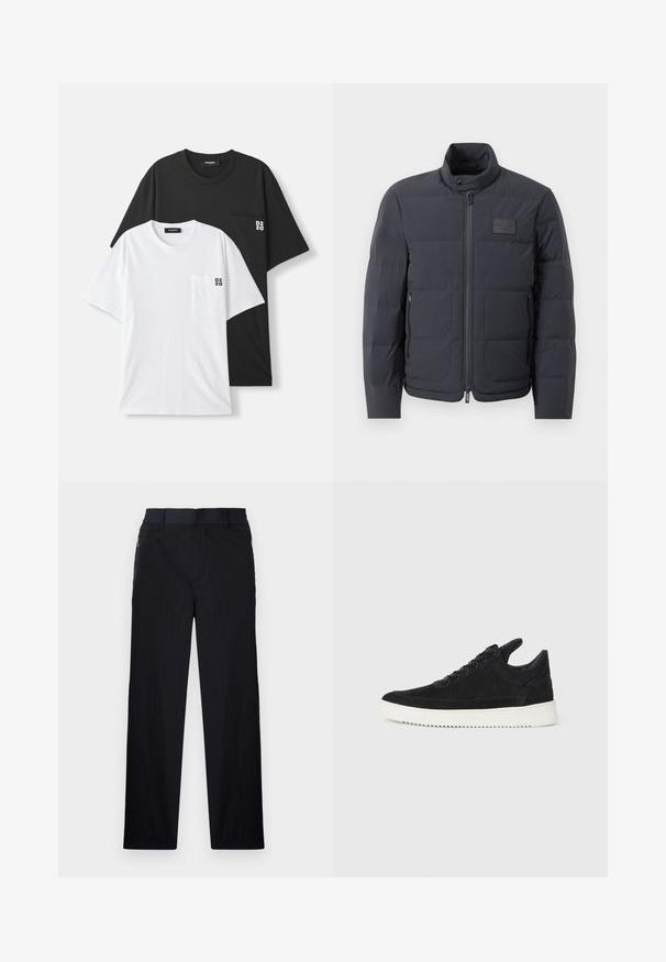 Giubbotto imbottito nero con colletto alto, texture trapuntata e zip frontale. Presenta una piccola patch con logo sul lato sinistro del petto e tasche laterali.; Due t-shirt esposte: una nera e una bianca, entrambe a manica corta e con una piccola tasca sul petto. Loghi presenti sulla tasca.; Pantaloni neri realizzati in un tessuto leggero e strutturato, con taglio dritto, vita elasticizzata e tasche laterali con zip.; Sneaker in suede nero con suola in gomma bianca, caratterizzato da cuciture tonali e design con lacci. Texture liscia con una forma moderna e aerodinamica.