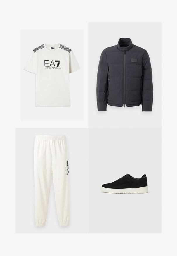 Must musternakk, millel on kõrge kaelus, tikkimise tekstuur ja esi tõmblukk. Iseloomustab väike logopatch vasakul rinnal ja küljetaskud.; Valge puuvillane T-särk musta "EA7 EMPORIO ARMANI" logoga. Omab musti triibu õlgadel ja klassikalist ümarat kaeluse disaini.; Heledadbeesed sweatpants elastseegnaga ja elastsetel äärekohtadel. Vasakul jalal on must trükitud logo. Pehme kanga tekstuur.; Mustad suede jooksujalatsid, millel on paelad ja kontrastne valge kummitald. Omab tekstuuriga külgpaneele ja tagasihoidlikku brändimist kandadel.