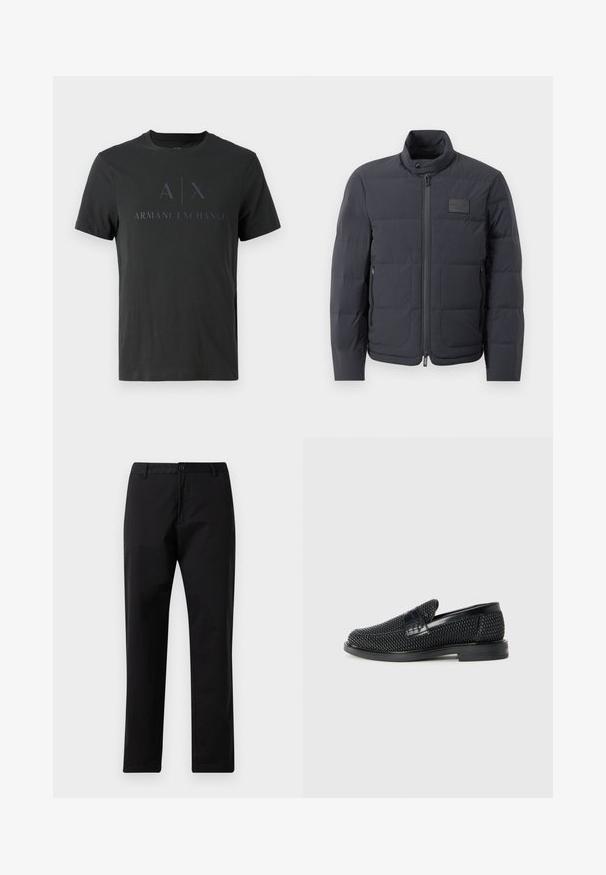 Črna napihnjena jakna z visokim ovratnikom, prešito teksturo in sprednjim zadrgo. Ima majhno logo nalepko na levem prsnem delu in stranske žepe.; Črna majica iz bombaža s krožnim izrezom. Na sprednji strani je izstopajoči logo v temno sivi barvi z napisom "A|X ARMANI EXCHANGE".; Črne trdne hlače z ravnimi nogami, z gumbom in zadrgo, z luknjami za pas in sprednjimi žepi, prikazane na belem ozadju.; Črne pletene zavezane čevlje s gladkim usnjenim poudarkom na zgornjem delu, okroglo zasnovo nosu in nizkoprofilsko gumijasto podplat.