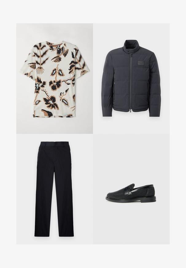 Fekete steppelt dzseki magas gallérral, steppelt textúrával és elülső cipzárral. Bal mellkason egy kis logófolt található, valamint oldalsó zsebek.; Rövid ujjú póló, puha anyagból készült, krém színű háttérrel, fekete, barna és világoskék absztrakt virágmintákkal.; Fekete nadrág könnyű, textúrált anyagból, egyenes szárú kialakítással, rugalmas derékpánttal és oldalsó cipzáras zsebekkel.; Fekete szőtt slip-on cipő sima bőr díszítéssel a felsőrészen, kerek orral és alacsony profilos gumitalppal.