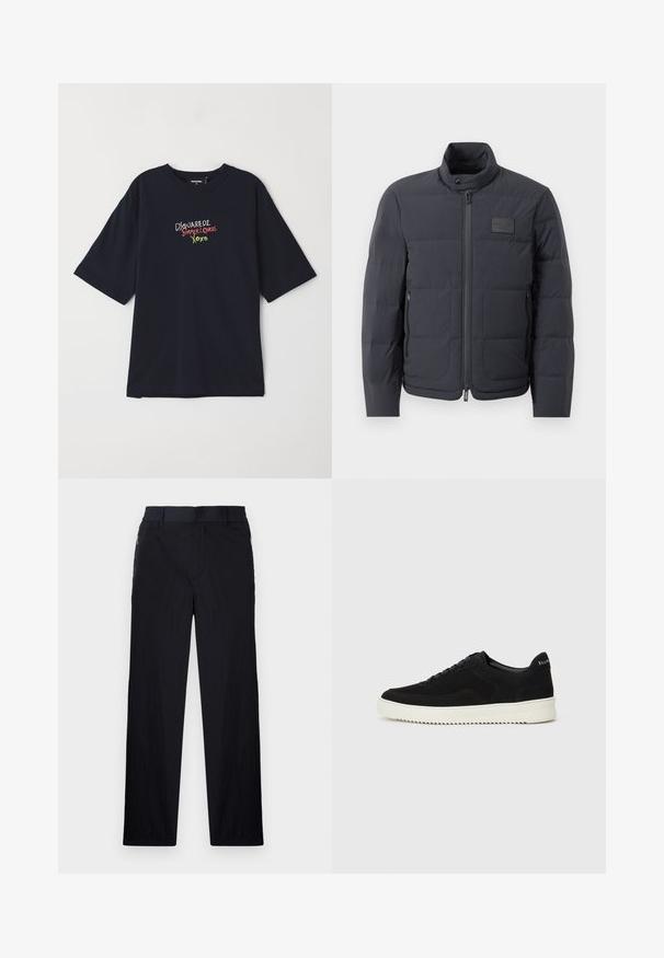 Jachetă puf neagră cu guler înalt, textură matlasată și fermoar frontal. Are un badge logo mic pe pieptul stâng și buzunare laterale.; Tricou din bumbac bleu marin cu mâneci scurte. Prezintă un text brodat colorat: "DSQUARED2 SUMMER LOVERS XOXO" în roșu, verde și alb.; Pantaloni negri dintr-un material ușor, texturat, cu croială drept pentru picioare, talie elastică și buzunare laterale cu fermoar.; Adidași negri din suede cu design cu șireturi și talpă din cauciuc alb contrastant. Prezintă panouri laterale texturate și branding subtil pe toc.