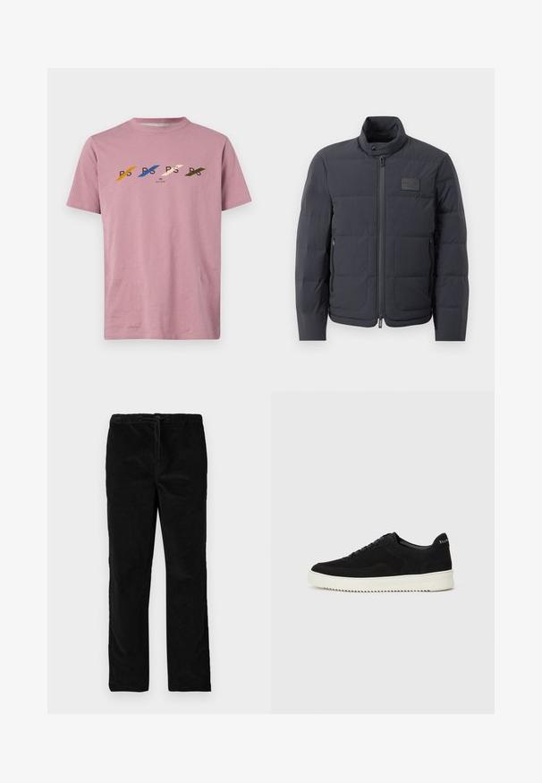 Sort dunjakke med høj krave, kviltet tekstur og lynlås foran. Har en lille logopatch på venstre bryst og sidelommer.; Lyserød bomulds-t-shirt med et frontdesign, der har bogstaverne "PS" i forskellige farver, samt skrå striber og rund halsudskæring.; Sorte lige ben i velour med elastisk talje og forreste snor, præsenteret mod en simpel hvid baggrund.; Sort ruskinds sneaker med snørebånd og kontrasterende hvid gummisål. Har teksturerede sidepaneler og diskret branding på hælen.