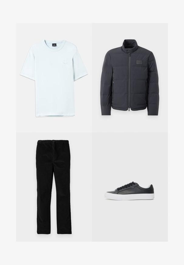 Juodas pūkuotas džemperis su aukštu kaklu, siuvinėta tekstūra ir priekiniais užtrauktukais. Yra mažas logotipo pleistras kairėje krūtinės pusėje ir šoniniai kišeniai.; Šviesiai mėlynas medvilninis marškinėlis trumpomis rankovėmis, su apvalia iškirpte ir mažu šviesiu logotipu ant krūtinės. Lygus audinys, standartinio kirpimo.; Juodos tiesios blizgančios aksominės kelnės su elastinga juosmena ir priekyje esančia raišteliu, eksponuojamos prieš paprastą baltą foną.; Juodas odinis sportinių batelių modelis su baltu guminio pado, apvaliu pirštu ir juodais raišteliais, pasižymintis lygiu paviršiumi ir minimalistiniu dizainu.