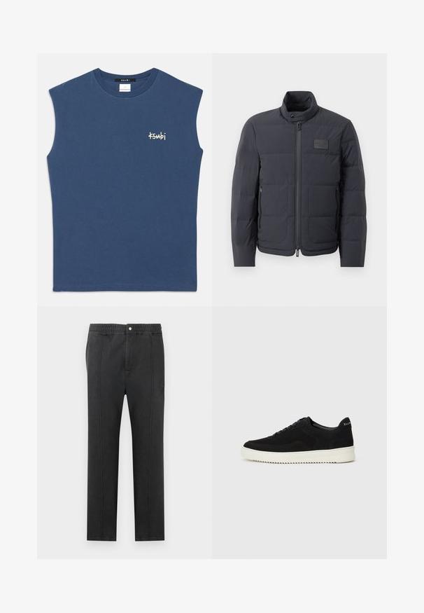 Giubbotto imbottito nero con colletto alto, texture trapuntata e zip frontale. Presenta una piccola patch con logo sul lato sinistro del petto e tasche laterali.; Camicetta senza maniche in cotone blu con scollatura rotonda. Presenta un piccolo logo bianco "Ksubi" sul petto. Tessuto liscio, taglio casual.; Pantaloni neri con vita elastica, fronte piatto, due tasche laterali e cuciture decorative. Nessun motivo o dettaglio hardware visibile.; Sneaker in suede nero con design con lacci e suola in gomma bianca a contrasto. Presenta pannelli laterali testurizzati e un marchio discreto sul tallone.