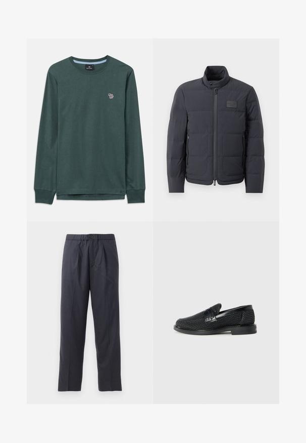 Schwarze Daunenjacke mit hohem Kragen, gestepptem Muster und einem Reißverschluss vorne. Verfügt über ein kleines Logopatch auf der linken Brust und seitliche Taschen.; Dunkelgrünes Langarmshirt mit Rundhalsausschnitt und kleinem, mehrfarbigen Zebra-Logo auf der linken Brust sowie gerippten Bündchen.; Dunkelblaue Hose aus weichem Stoff mit gef alteter Vorderseite und elastischem Bund. Verfügt über einen Knopfverschluss und gerades Bein.; Schwarzer geflochtener Slipper mit einem glatten Lederakzent im Obermaterial, einem runden Zehendesign und einer flachen Gummisohle.