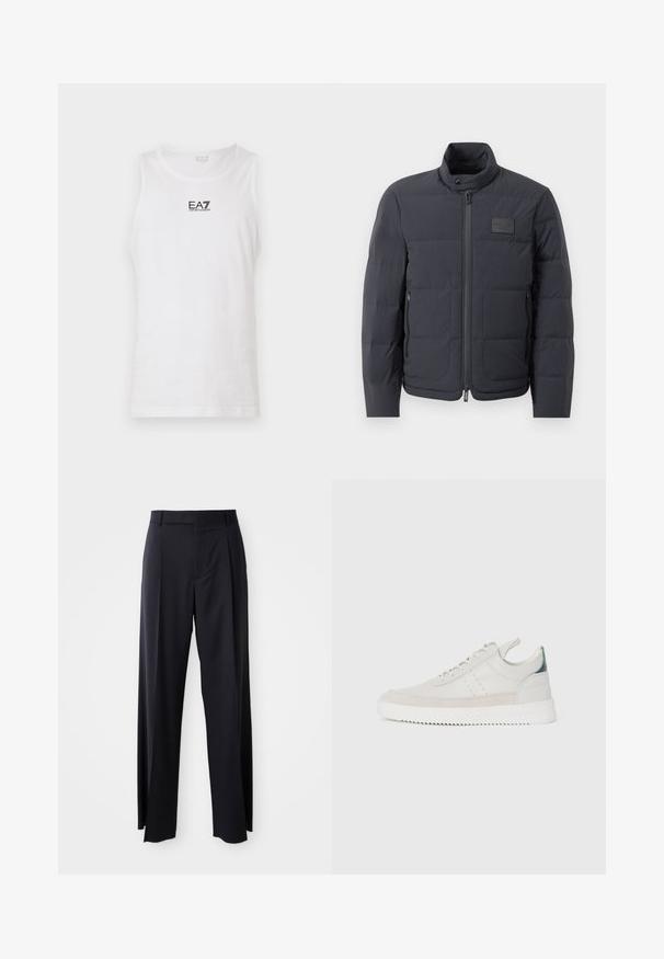 Juodas pūkuotas džemperis su aukštu kaklu, siuvinėta tekstūra ir priekiniais užtrauktukais. Yra mažas logotipo pleistras kairėje krūtinės pusėje ir šoniniai kišeniai.; Balta be rankovių marškinėliai, pagaminti iš medvilnės, su juodu EA7 logotipu ant krūtinės ir apvaliu kaklu. Sklandžią tekstūrą, atsitiktinį dizainą.; Juodi, aukštai užtraukiami kelnių modeliai su plačiomis kojomis, pagaminti iš lygaus audinio. Yra priekiniai raukšlės ir diržo kilpos. Minimalistinio dizaino, be matomų detalių.; Balti odiniai sportbačiai su pilkais zomšos akcentais, su raišteliais, su traukimo juostele ir tekstūruota guma, kurioje matomas zigzago raštas.