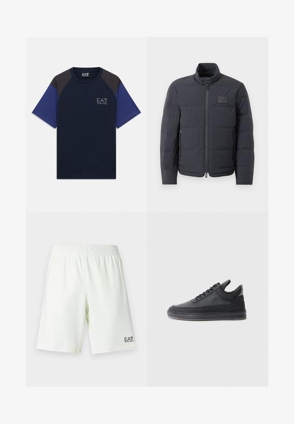Casaco puffer preto com gola alta, textura acolchoada e fecho éclair frontal. Apresenta um pequeno emblema no lado esquerdo do peito e bolsos laterais.; T-shirt azul-marinho com painéis pretos nos ombros e mangas azuis, apresentando o logo EA7 Emporio Armani no lado esquerdo do peito.; Calções com cintura elástica branca e logótipo EA7 Emporio Armani preto na parte inferior da perna direita.; Sapatilhas de couro preto com uma superfície texturizada, design de atacadores, cano baixo, e uma sola de borracha cinza com uma borda estriada.
