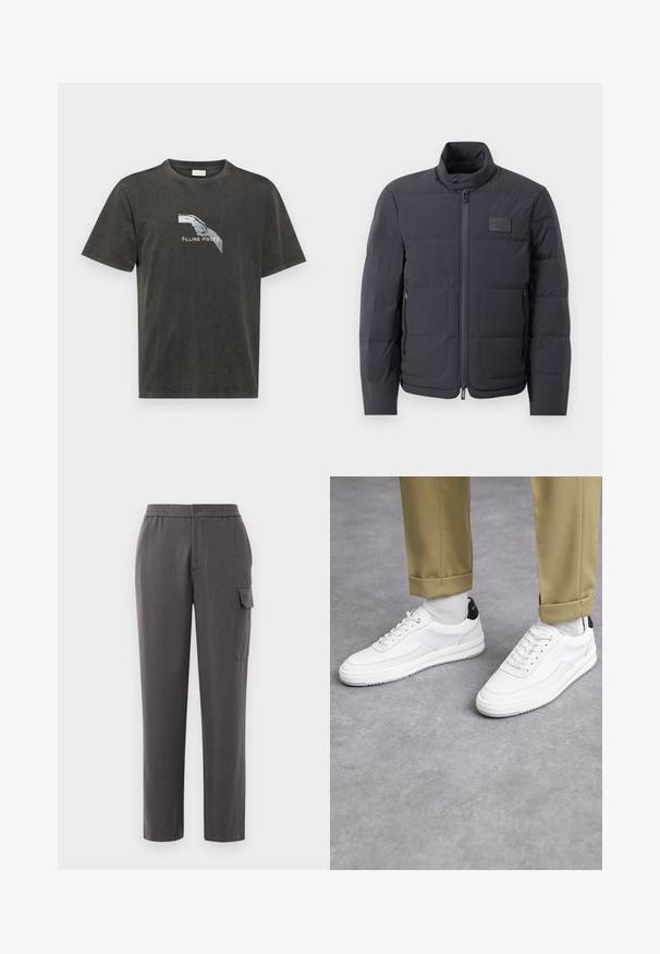 Doudoune noire avec un col montant, texture matelassée et fermeture éclair à l'avant. Elle possède une petite étiquette avec logo sur la poitrine gauche et des poches latérales.; T-shirt en coton gris foncé avec une coupe décontractée, présentant un design graphique d'une main et le texte "Filling Pieces" en blanc.; Pantalon gris à coupe décontractée, fabriqué à partir d'un tissu lisse. Comprend une fermeture à bouton, des poches latérales et une poche cargo sur la jambe.; Baskets blanches avec une finition en cuir texturé, bout arrondi et accent noir au talon. Semelle en caoutchouc avec un petit motif de sculpture et des détails cousus.