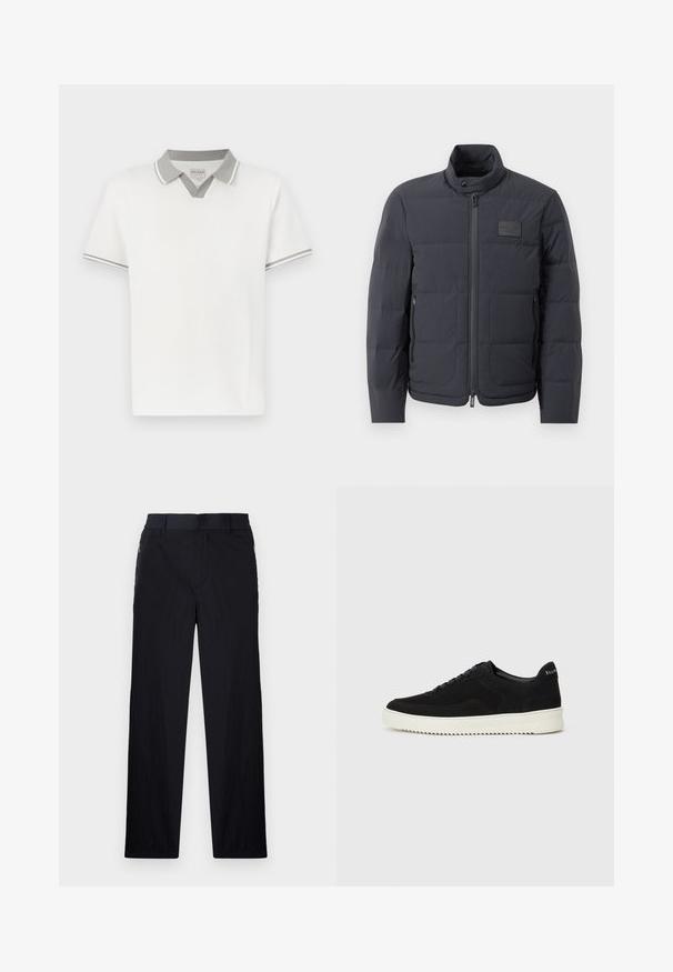 Jachetă puf neagră cu guler înalt, textură matlasată și fermoar frontal. Are un badge logo mic pe pieptul stâng și buzunare laterale.; Polo alb cu mânecă scurtă, cu guler și borduri ale mânecilor de un gri deschis, având un detaliu în formă de V sub guler și o etichetă mică a brandului în interior.; Pantaloni negri dintr-un material ușor, texturat, cu croială drept pentru picioare, talie elastică și buzunare laterale cu fermoar.; Adidași negri din suede cu design cu șireturi și talpă din cauciuc alb contrastant. Prezintă panouri laterale texturate și branding subtil pe toc.