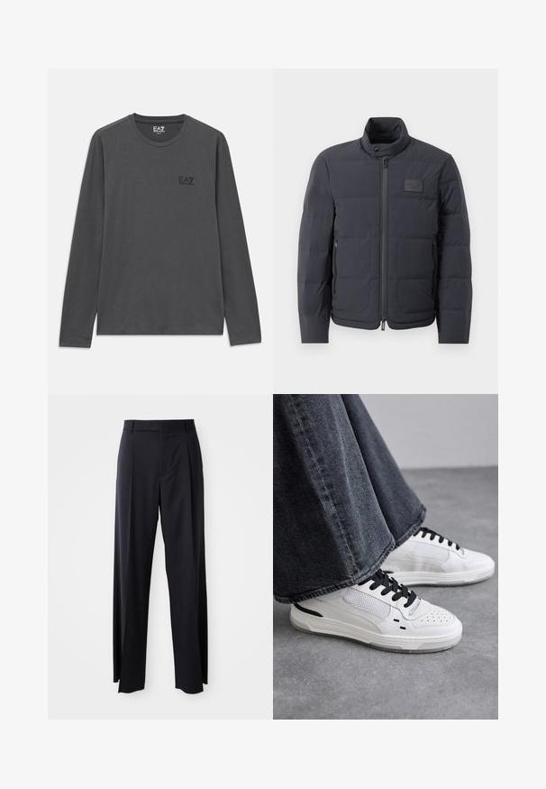 Czarna kurtka puchowa z wysokim kołnierzem, pikowanym wzorem i zamkiem z przodu. Posiada małą naszywkę z logo na lewej piersi oraz kieszenie boczne.; Czarna szara koszula z długim rękawem i dekoltem w serek z małym logiem EA7 Emporio Armani na lewej piersi.; Czarne, wysokie spodnie o szerokim kroju, wykonane z gładkiego materiału. Posiadają zakładki z przodu i paski na pasek. Minimalistyczny design, bez widocznych elementów metalowych.; Białe sneakersy z czarnymi sznurówkami i siateczkowymi detalami. Posiadają gładką skórzaną cholewkę oraz teksturowaną gumową podeszwę. Zestawione z szerokimi szarymi dżinsami.