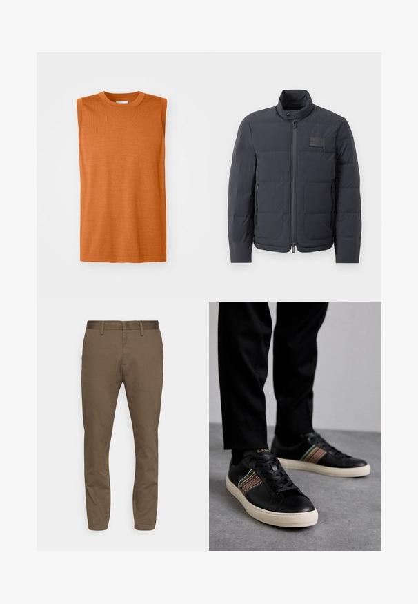 Črna napihnjena jakna z visokim ovratnikom, prešito teksturo in sprednjim zadrgo. Ima majhno logo nalepko na levem prsnem delu in stranske žepe.; Majica brez rokavov v oranžni barvi iz pletene tkanine, s krožnim izrezom, gladko teksturo in ravnim krojem, ki ima čist rob in minimalne detajle.; Rjave hlače iz raztegljive tkanine s slim fit krojem. Imajo gladek pas, zanke za pas in dva sprednja žepa.; Črne usnjene superge z večbarvnimi črtastimi poudarki, okroglo konico in belimi gumijastimi podplati, z vezalnim dizajnom in embosiranim logotipom.
