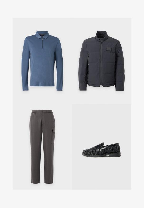 Must musternakk, millel on kõrge kaelus, tikkimise tekstuur ja esi tõmblukk. Iseloomustab väike logopatch vasakul rinnal ja küljetaskud.; Pika-öise polo särk pehmest sinisest kangast, millel on krae ja lühike lukku ees. Lihtne disain, ilma nähtavate mustrite või aktsentideta.; Hallid hallid püksid, millel on mugav lõige, valmistatud siledast kangast. Varustatud nupukinnisega, küljetaskute ja säärel oleva kargo-taskuga.; Must musta kootud slip-on king, millel on pehme nahast accent ülaserval, ümmargune varvas ja madal profiiliga kummitald.