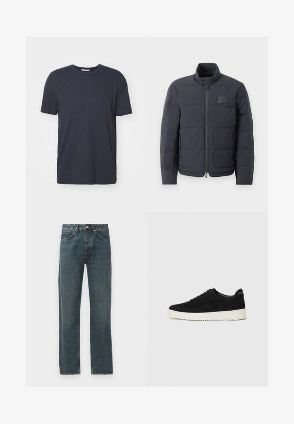 Černá péřová bunda s vysokým límcem, prošívanou strukturou a předním zipem. Obsahuje malé logo na levé straně hrudi a boční kapsy.; Tyrkysové bavlněné tričko s krátkým rukávem a kulatým výstřihem, s hladkou texturou a rovnými lemy. Jednoduchý a minimalistický design.; Tmavě modré džíny z denimu se střihem do rovného nohavice, obsahující pět kapes, zapínání na knoflík a kontrastní švy.; Černé semišové tenisky s krajkovým designem a kontrastní bílou gumovou podrážkou. Obsahují texturované boční panely a jemné branding na patě.