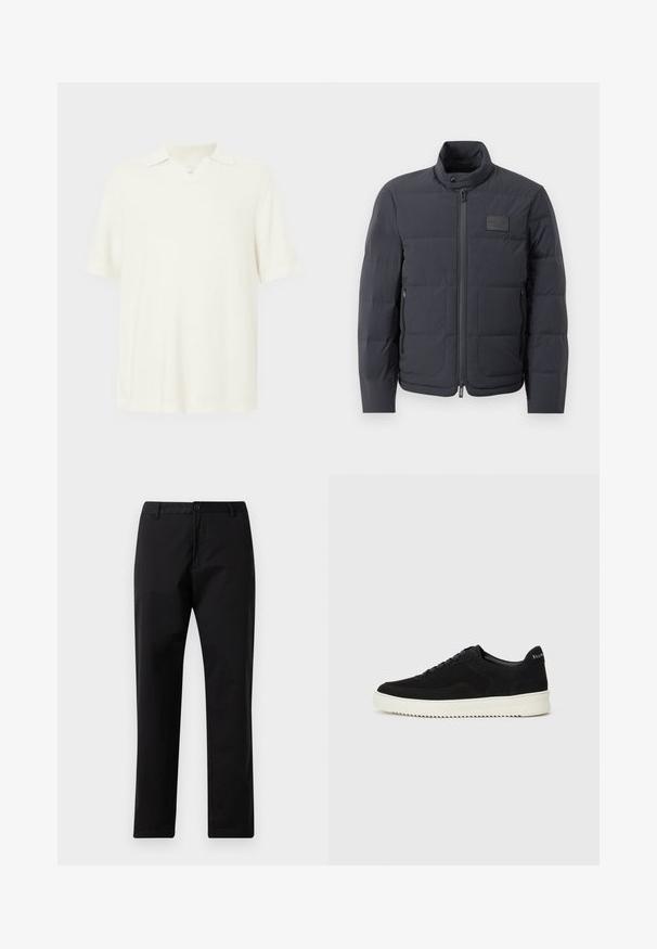 Čierna puffová bunda s vysokým golierom, prešívanou textúrou a predným zipsom. Obsahuje malú nášivku loga na ľavej hrudi a bočné vrecká.; Polo tričko s krátkym rukávom, svetlo smotanovej farby, vyrobené z textúrovaného materiálu, s výstrihom do V a klasickým golierom.; Čierne nohavice so rovnými nohavicami, s upevnením na gombík a zips, s pútkami na opasok a prednými vreckami, zobrazené na bielom pozadí.; Čierne semišové tenisky s šnurovacím dizajnom a kontrastnou bielou gumovou podrážkou. Obsahujú štruktúrované bočné panely a jemné logo na päte.