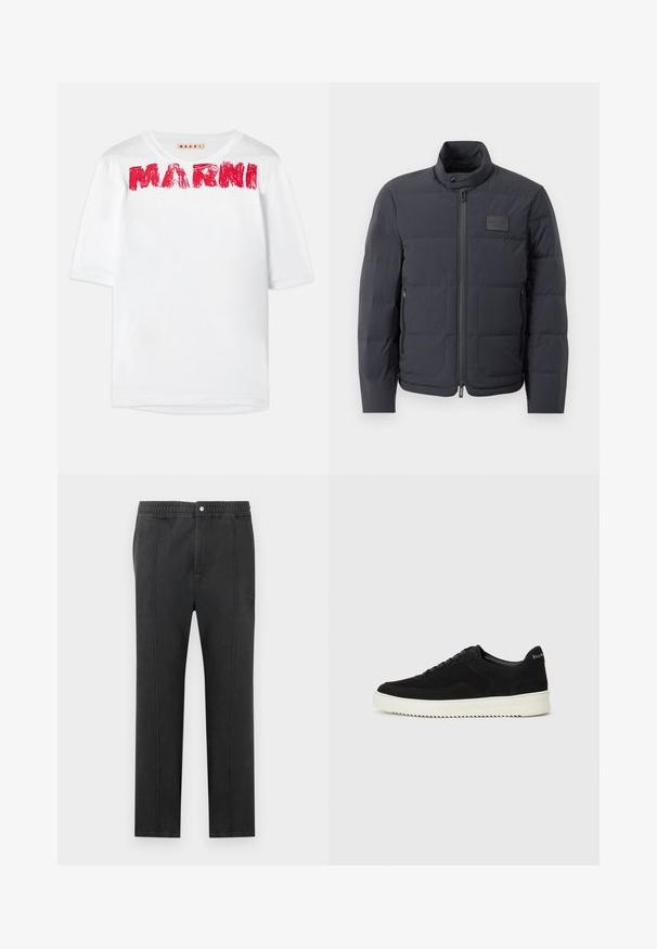 Black puffer jacket with a high collar, quilted texture, and a front zipper. Features a small logo patch on the left chest and side pockets.; White short-sleeve t-shirt with a wide crew neck and printed "MARNI" logo in red, featuring a slightly textured fabric.; Black pants with an elastic waistband, flat front, two side pockets, and decorative stitching. No visible patterns or hardware details.; Black suede sneaker with lace-up design and contrasting white rubber sole. Features textured side panels and subtle branding on the heel.
