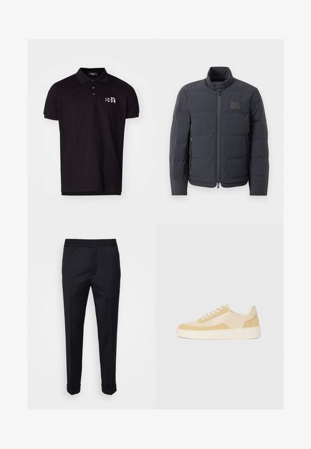 Črna napihnjena jakna z visokim ovratnikom, prešito teksturo in sprednjim zadrgo. Ima majhno logo nalepko na levem prsnem delu in stranske žepe.; Črna polo majica iz mešanice bombaža s klasičnim ovratnikom, tremi gumbi in belim napisom "ICON" na levem prsnem delu. Gladka tekstura, kratki rokavi.; Črne hlače iz lahkotnega blaga, z elastičnim pasom, stranskimi žepi in zavitimi robovi. Gladka tekstura s sprednjimi pregibi.; Tenisice v svetlo rumeni usnjeni in semiš varianti, z udobnim podplatom in šivi. Klasična zasnova z vezalkami in okroglo konico.