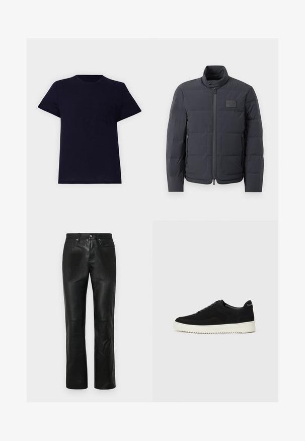 Musta puffatakki korkealla kauluksella, tikattu pinta ja vetoketju edessä. Sisältää pienen logopatchin vasemmassa rinnassa sekä sivutaskut.; T-paita tummansinisestä puuvillasta, jossa on pyöreä kaula-aukko, lyhyet hihat ja pieni rintatasku. Ominaisuuksina pehmeä tekstuuri ja rento istuvuus.; Musta nahkahousut suoran lahkeiden muotoilulla, joissa on nappisulku, neljä taskua ja sileä pinta. Vahvistetut ompelupinnat näkyvät.; Mustat mokkakengät nauhoilla ja kontrastivalkoisella kumipohjalla. Varustettu teksturoiduilla sivupaneeleilla ja huomaamattomalla brändäyksellä kantapäässä.