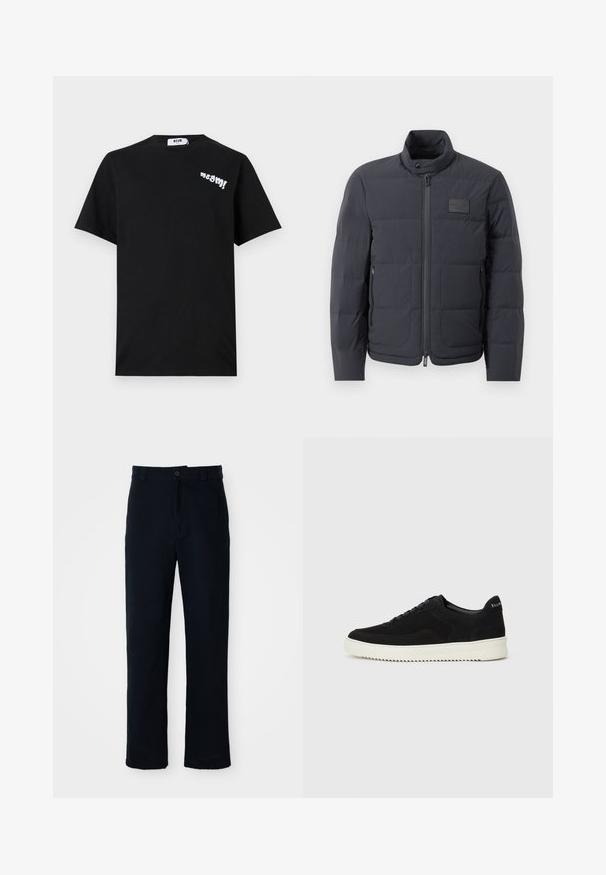 Schwarze Daunenjacke mit hohem Kragen, gestepptem Muster und einem Reißverschluss vorne. Verfügt über ein kleines Logopatch auf der linken Brust und seitliche Taschen.; Schwarzes Baumwoll-T-Shirt mit kurzen Ärmeln, das auf der linken Brustseite weißen, spielerischen Text "msgm!" und einen Rundhalsausschnitt aufweist.; Dunkelblaue Baumwollhosen mit geradem Bein, einem Frontknopfverschluss und einem klassischen Bund mit Gürtelschlaufen.; Schwarze Wildleder-Sneaker mit Schnürdesign und kontrastierender weißer Gummisohle. Verfügt über strukturierte Seitenpaneele und dezentes Branding an der Ferse.