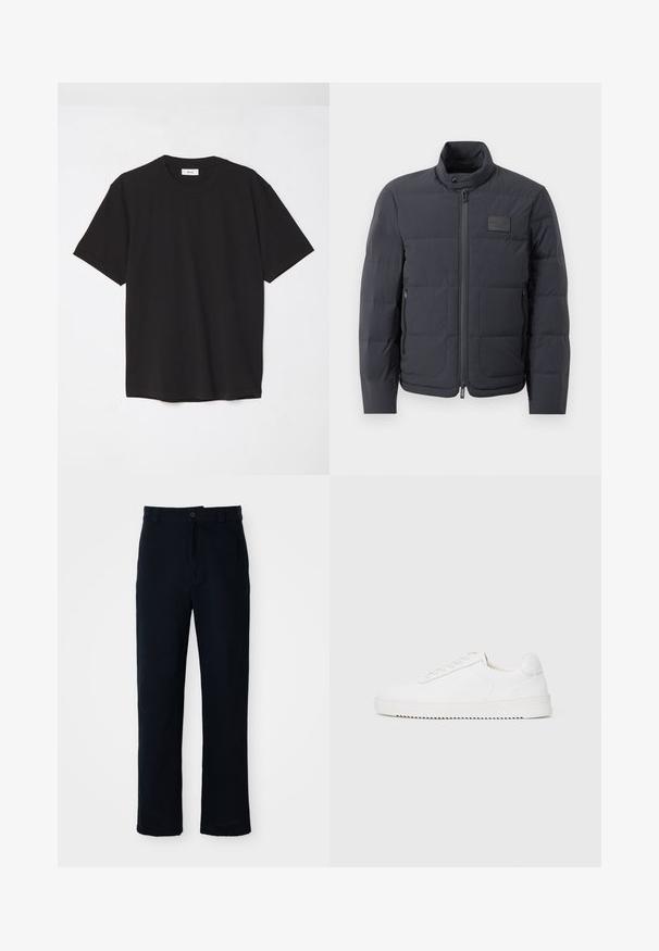 Giubbotto imbottito nero con colletto alto, texture trapuntata e zip frontale. Presenta una piccola patch con logo sul lato sinistro del petto e tasche laterali.; T-shirt in cotone nero con colletto a girocollo, maniche corte e vestibilità comoda. Design semplice, texture liscia e senza motivi o loghi visibili.; Pantaloni color blu navy in cotone, con design a gamba dritta, chiusura con bottone frontale e vita classica con passanti per cintura.; Sneaker bianco con tomaia in pelle liscia, punta rotonda, lacci, accenti laterali testurizzati e suola in gomma spessa. Design minimalista.