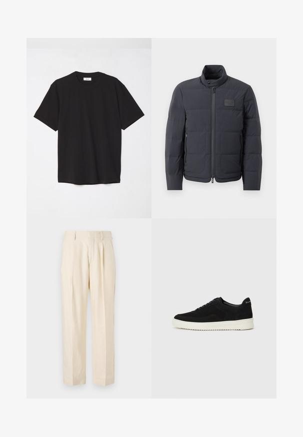 Black puffer jacket with a high collar, quilted texture, and a front zipper. Features a small logo patch on the left chest and side pockets.; Black cotton t-shirt with a crew neck, short sleeves, and a relaxed fit. Simple design, smooth texture, and no visible patterns or logos.; NN.07 KAY - Trousers - off white; Black suede sneaker with lace-up design and contrasting white rubber sole. Features textured side panels and subtle branding on the heel.