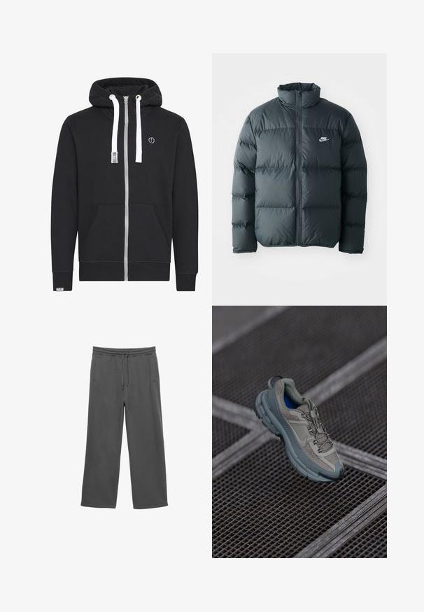 Črna napihljiva jakna s kvadratnimi šivi, visokim ovratnikom in sprednjim zadrgo. Ima majhen bel Nike logotip na prsih.; Črna zip-up kapuca iz mešanice bombaža. Ima srebrno zadrgo, bele vrvice, sprednje žepke in logotip na prsih.; Temno sivi široki trenirki z elastiko v pasu, vrvico in dvema stranskima žepoma, prikazani na beli podlagi.; Bež in siva športna čevlja z teksturiranim mrežastim zgornjim delom, okroglem nosu in gumijastim podplatom, opremljena z vezalkami in oblazinjenim ovratnikom.