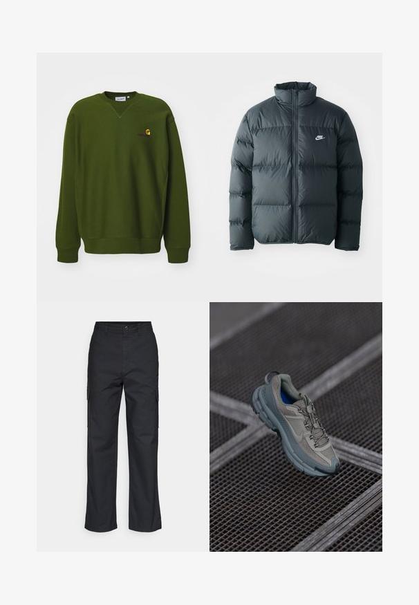 Melnā pūkaina jaka ar kvadrātveida šuvēm, augstu apkakli un priekšējo rāvējslēdzēju. Uztur mazs balts Nike logo uz krūtīm.; Olīvzaļš sporta krekls ar brīvu piegriezumu, apaļo kaklu un ribotiem aprocēm. Uz krūšu ir maza dzeltena un purpura izšūta logo.; Melni kravas bikses ar taisnu kāju dizainu, ar sānu kabatām un teksturētu audumu. Pogas aizdare jostasvietā nodrošina drošu piedilumu.; Bežīgas un pelēkas sporta kurpes ar teksturētu sieta augšdaļu, noapaļotu purngalu un gumijas zoli, satur šņores un mīkstinātu apkakli.