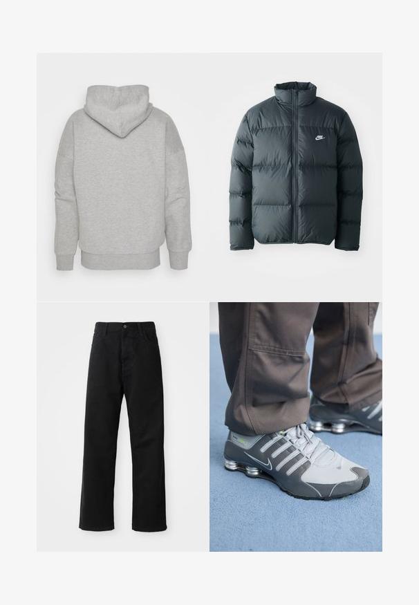 Zwarte pufferjas met gestikte delen, hoge kraag en een rits aan de voorkant. Heeft een klein wit Nike-logo op de borst.; Grijze hoodie met een snug capuchon, wijde mouwen en ribbelboord. Zachte, textuurstof zonder zichtbare patronen of hardwaredetails.; Zwarte denim broek met een rechte pasvorm, voorzien van voorzakken, een rits en een enkele bovenste knoop. Gestructureerde stof met een matte afwerking.; Grijze en zilveren Nike Shox sneakers hebben een strakke uitstraling, met een combinatie van mesh en synthetische materialen, een ronde neus en een gevoerde kraag.