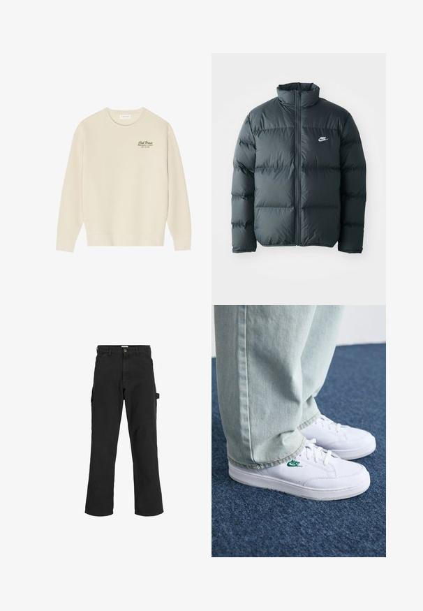 Schwarze Pufferjacke mit gesteppten Abschnitten, hohem Kragen und frontalem Reißverschluss. Verfügt über ein kleines weißes Nike-Logo auf der Brust.; Cremefarbenes Sweatshirt aus weichem Stoff, mit rundem Halsausschnitt, langen Ärmeln und einem Frontdruck auf der Brust in dunkelgrüner Schrift.; Schwarze Cargo-Hosen aus einem Baumwoll-Mischgewebe. Mit weitem Bein, schrägen Taschen vorne und einer Seitentasche mit einer Schlaufe für Accessoires.; Weiße Leder-Sneaker mit grünem Nike-Logo, runde Zehenpartie, flache Sohle, kombiniert mit hellblauen Jeans, präsentiert auf einem blauen Teppich.