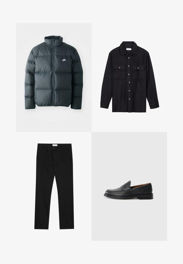 Črna napihljiva jakna s kvadratnimi šivi, visokim ovratnikom in sprednjim zadrgo. Ima majhen bel Nike logotip na prsih.; Črna volnena srajčna jakna s ovratnikom, sprednjim zapiranjem na gumbe, dvema prsoma žepoma in dolgimi rokavi. Mehka tekstura, brez vidnih vzorcev.; Črne ravne jeans hlače s petimi žepi, z gumbom in zadrgo za zapiranje ter oznako blagovne znamke Pier One na pasu.; Črne usnjene loafer čevlje z všitjem vzorcem, okroglo konico, nizko zloženo peto in zasnovo za enostavno obuvanje. Gladka tekstura s subtilnim sijajem.