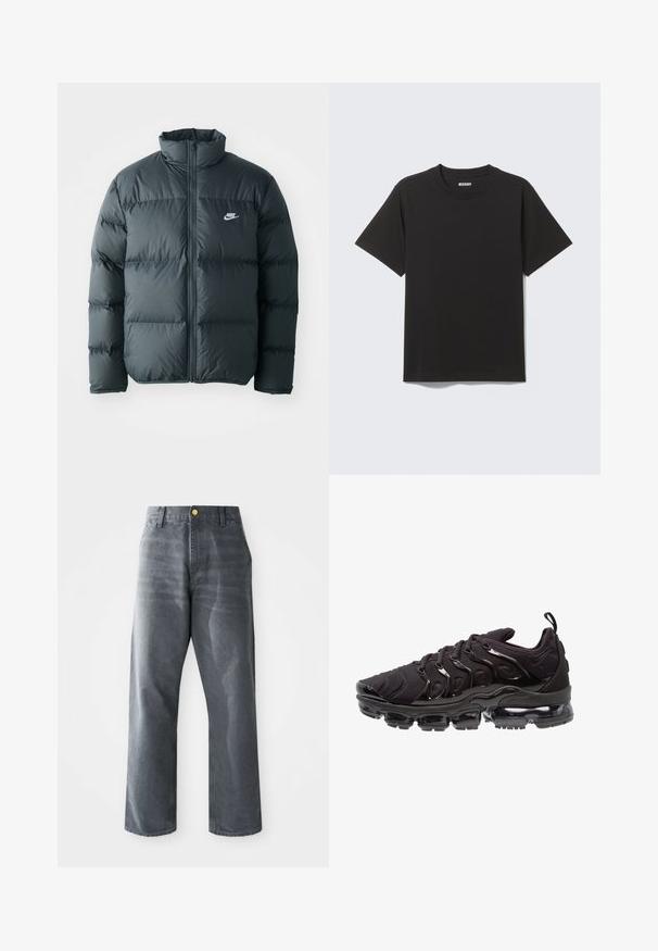 Casaco puffer preto com seções almofadadas, gola alta e fecho frontal. Apresenta um pequeno logótipo branco da Nike no peito.; T-shirt preta de manga curta feita de algodão macio, com decote redondo e design simples sem padrões ou detalhes.; Jeans de denim cinza de perna larga e ajuste solto para homens, com bolsos frontais e um único botão dourado visível na cintura.; Sapatos de desporto pretos com um upper de tecido texturizado, detalhes brilhantes e uma sola proeminente com almofada de ar. Apresenta elementos de design distintos em forma de ondas.