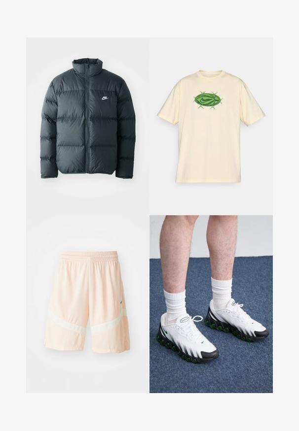 Casaco puffer preto com seções almofadadas, gola alta e fecho frontal. Apresenta um pequeno logótipo branco da Nike no peito.; Camiseta bege clara com mangas curtas, apresentando um gráfico oval verde com o logo do swoosh da Nike rodeado por espinhos estilizados ao centro.; Calções atléticos em pêssego feitos de tecido de malha respirável, com detalhes brancos e uma cintura elástica para conforto e flexibilidade.; Tênis atléticos brancos com detalhes pretos e amortecimento verde. Possui um cabedal texturizado, fecho com atacadores e logotipo da marca visível.