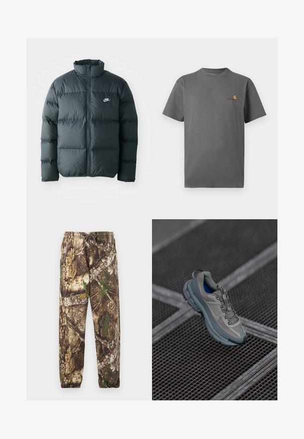 Μαύρο μπουφάν με επένδυση από πούπουλο με καπιτονέ τμήματα, ψηλό γιακά και μπροστινό φερμουάρ. Διαθέτει ένα μικρό λευκό λογότυπο Nike στο στήθος.; Γκρι κοντομάνικο μπλουζάκι από βαμβάκι, με διακριτό λογότυπο σε πορτοκαλί και μπορντό στο στήθος. Σχεδίαση με κλασικό λαιμόκοψι.; Καμουφλάζ φόρμες με καφέ και πράσινο φυσικό μοτίβο, διαθέτοντας ελαστική μέση με κορδόνι και ελαστικές μανσέτες στους αστραγάλους.; Πετρόλ και γκρι αθλητικό παπούτσι με υφασμάτινη επένδυση, στρογγυλή μύτη και καουτσουκέιν σόλα, διαθέτοντας κορδόνια και μαξιλαρωμένη περιφέρεια.