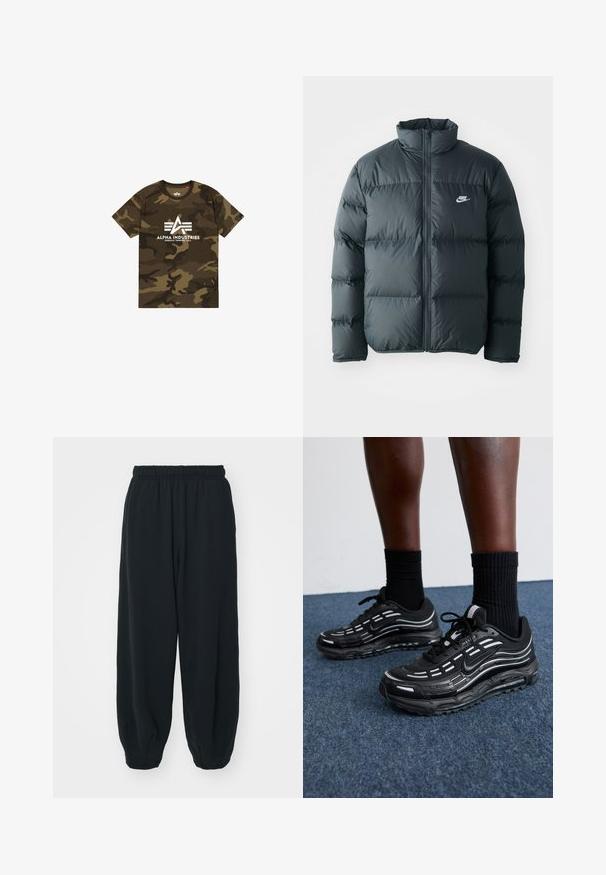 Svart puffjacka med kviltade sektioner, hög krage och framfäste dragkedja. Har en liten vit Nike-logotyp på bröstet.; Camo-mönstrad t-shirt i nyanser av grönt och brunt, med en vit "ALPHA INDUSTRIES" logotyp. Tillverkad av mjukt tyg, med korta ärmar.; Svarta, elastiska sweatpants med lös passform, mudd vid anklarna, slät textur och utan synliga mönster eller detaljer i metall.; Svarta Nike-skor har en mesh-övre med accentstripes, texturerad snörning och en svart gummisula. Bärs med svarta ribbade strumpor.