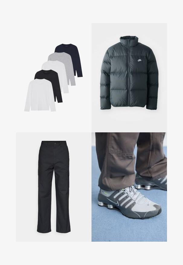 Črna napihljiva jakna s kvadratnimi šivi, visokim ovratnikom in sprednjim zadrgo. Ima majhen bel Nike logotip na prsih.; Pet longimi z dolgimi rokavi v bej, črni, temno modri, sivi in svetlo sivi barvi. Narejene iz mehkega blaga, z okroglimi izrezi in rebrastimi manšetami.; Črne cargo hlače s ravnim krojem, ki imajo stranske žepke in teksturirano tkanino. Zapenjanje na gumb pri pasu za varen oprijem.; Sive in srebrne Nike Shox teniske imajo eleganten dizajn, z mrežastimi in sintetičnimi materiali, zaobljenim nosom in oblazinjenim ovratnikom.