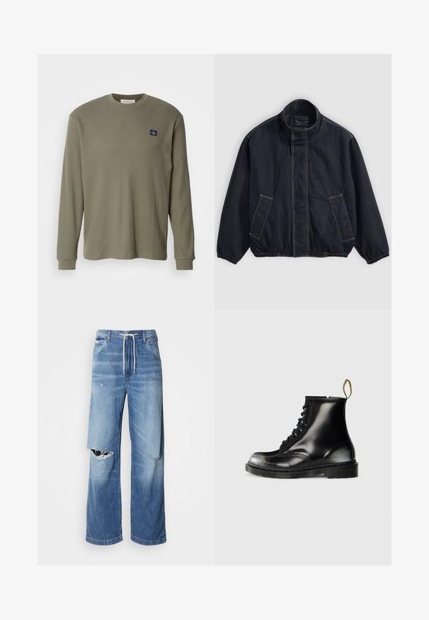 Mörkblå jacka med ståkrage, elastiska mudd, och två framfickor. Synliga sömdetaljer och en avslappnad, något oversized passform.; Långärmad olivgrön ribbad skjorta med rund halsringning och en marinblå logotypapplikation på vänster bröst. Tyget verkar mjukt och texturerat.; Ljusblå denimjeans med lös passform, med en vit dragsko i midjan och framträdande revor framtill som visar upp fransade kanter.; Svarta läderankelstövlar med en glänsande yta, åtta öglor, svarta snören och en dragtab. Har en texturerad sula med mönster.
