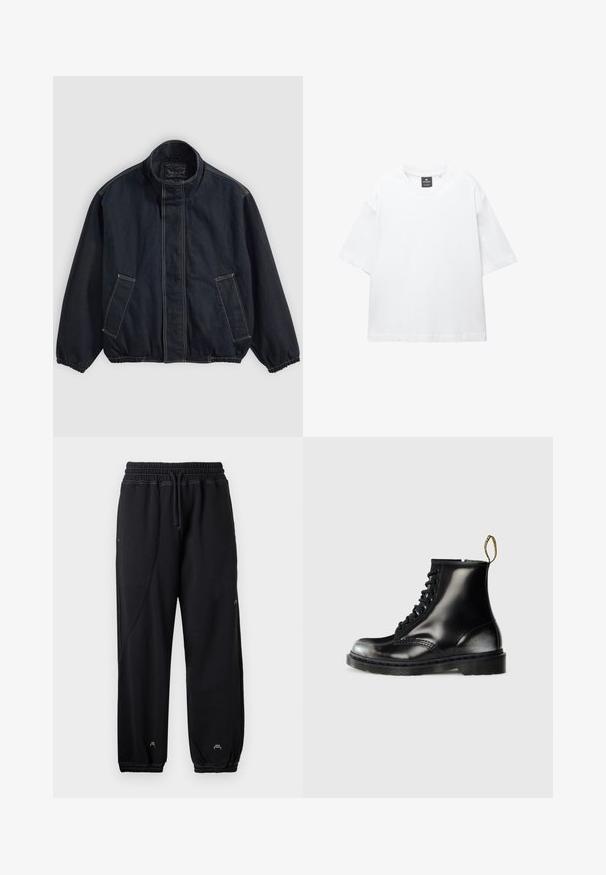 Sötétkék dzseki álló gallérral, elasztikus mandzsettákkal és két elülső zsebbel. Látványos varrási részletek és kényelmes, enyhén oversize szabás.; Fehér, rövid ujjú póló, pamutból készült, kerek nyakkivágással és laza, egyenes szabással. Nincsenek minták vagy díszítések.; Fekete melegítőnadrág, rugalmas derékkal és húzózsinórral. Oldalsó zsebekkel és rugalmas mandzsettával rendelkezik, puha anyagból készült.; Fekete bőr bokacsizmák fényes felülettel, nyolc fűzőlyukkal, fekete cipőfűzővel és húzófüllel. Mintás talppal rendelkezik.