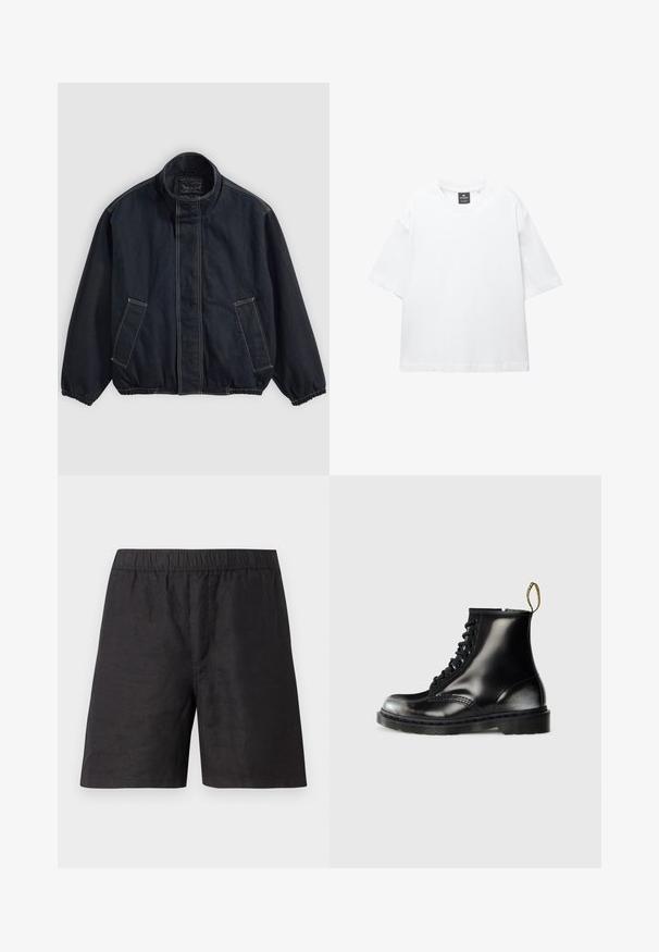 Giacca blu scuro con colletto alto, polsini elastici e due tasche frontali. Dettagli di cucitura visibili e un fit rilassato, leggermente oversize.; T-shirt bianco a maniche corte in cotone, con scollatura rotonda e vestibilità rilassata con orlo dritto. Nessun motivo o decorazione.; Shorts neri in lino con vita elasticizzata, caratterizzati da una vestibilità ampia e una superficie liscia. Nessuna tasca visibile o motivi distintivi.; Stivali neri in pelle fino alla caviglia con una finitura lucida, otto asole, lacci neri e un manico. Presentano una suola a carrarmato texturizzata.